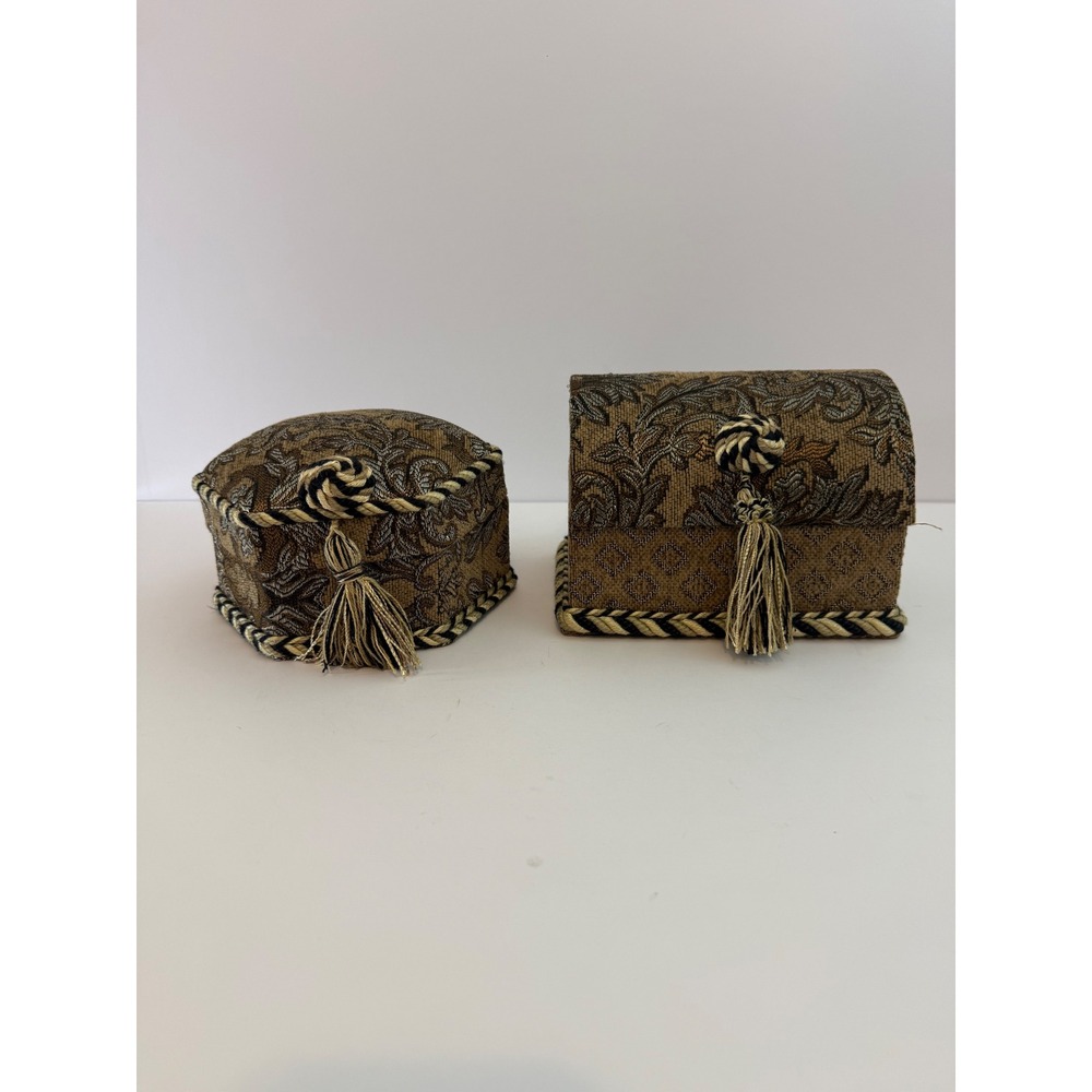 Jennifer Taylor Tapestry Trinket Box Set Floral Gold Brown Vintage
